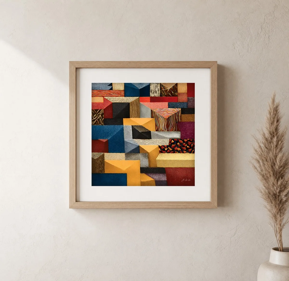 Mustard Block Quilt by Bassem, art print shown framed on a wall