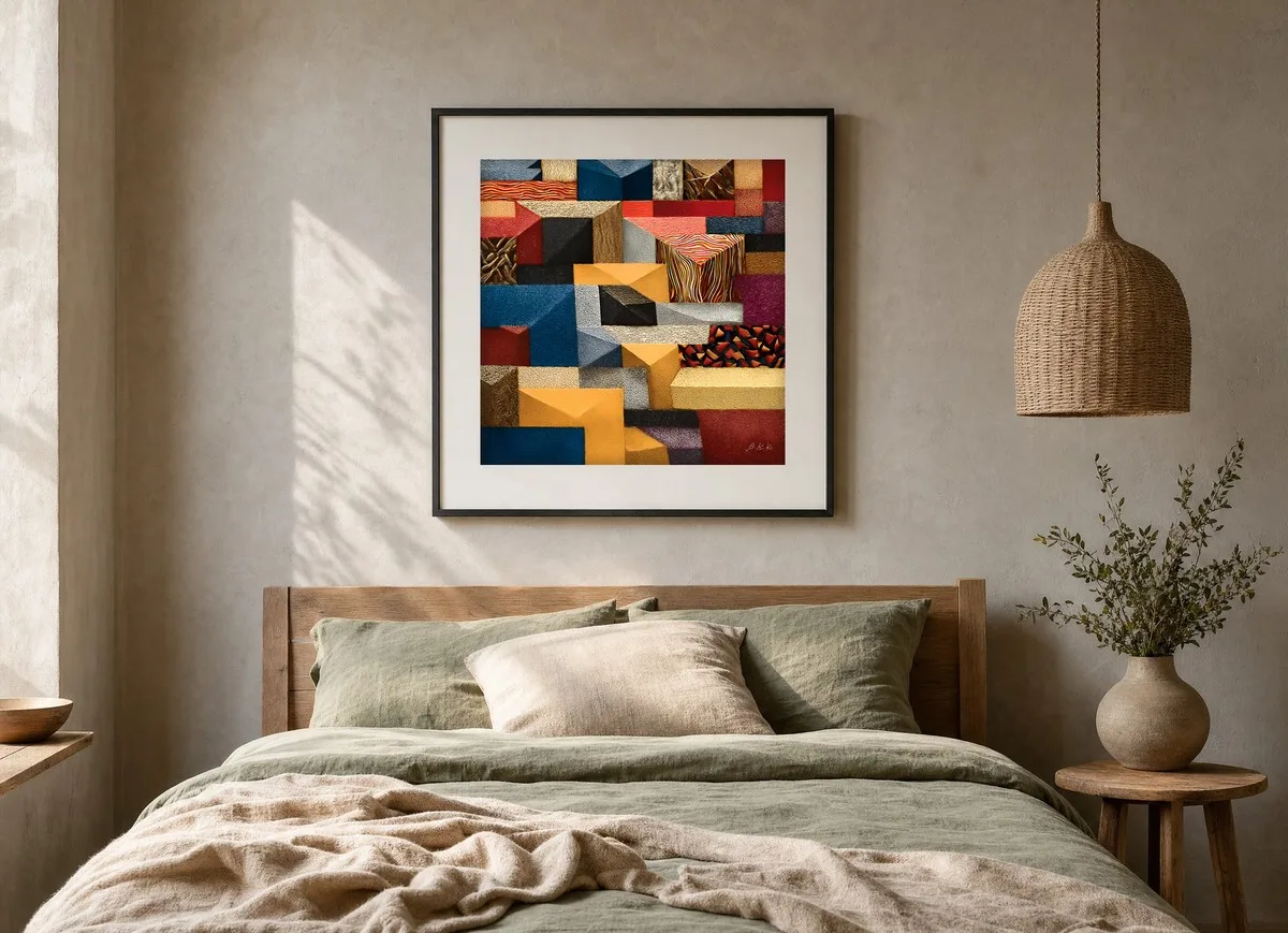 Mustard Block Quilt by Bassem, art print shown framed on a wall