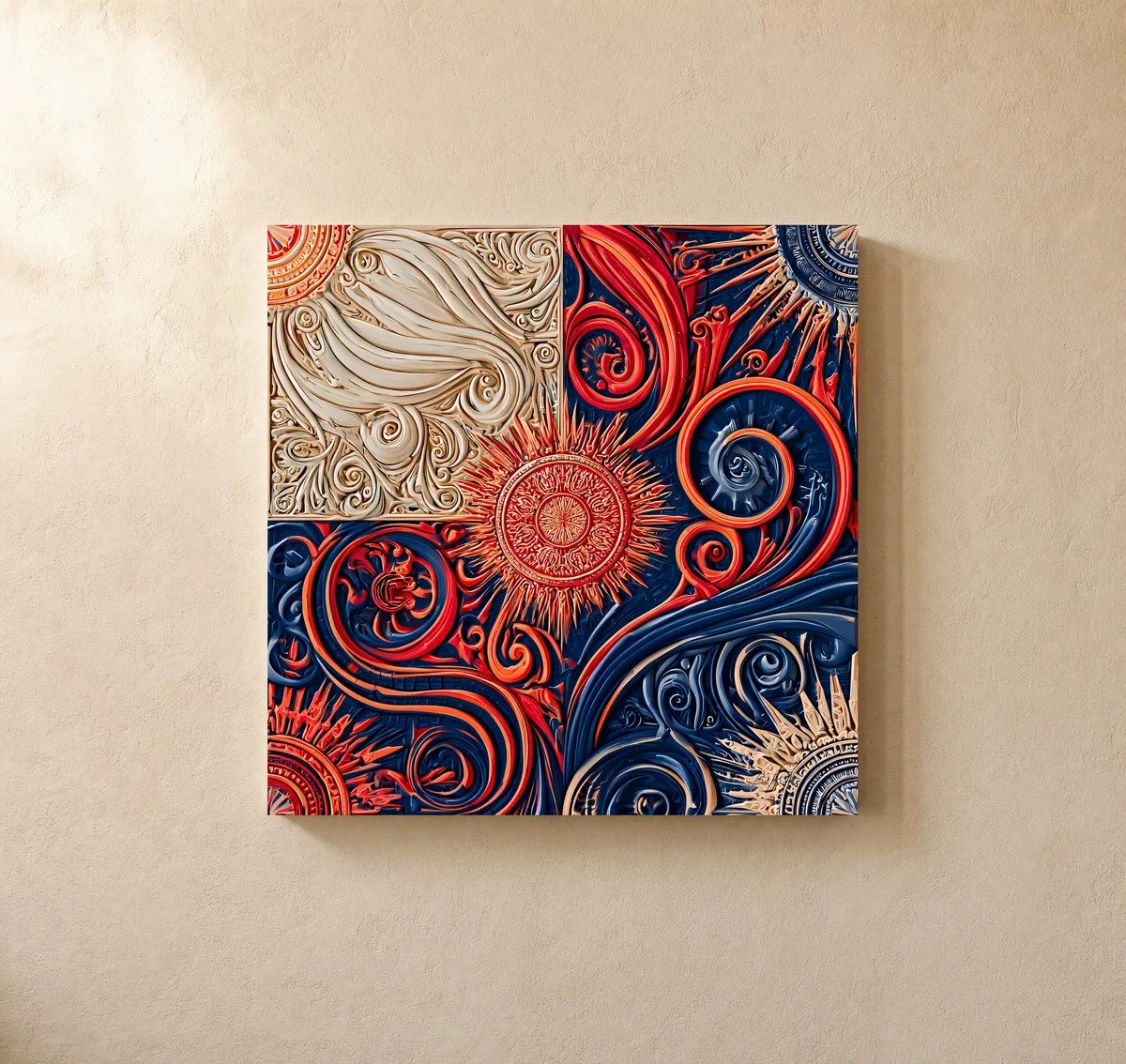 ba-0192-sunbursts-and-scrolls-canvas-1-canvas-closeup-limewash-v4 Sunbursts and Scrolls by Bassem, canvas on a wall