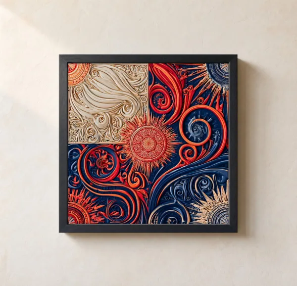 Sunbursts and Scrolls by Bassem, framed print on a wall