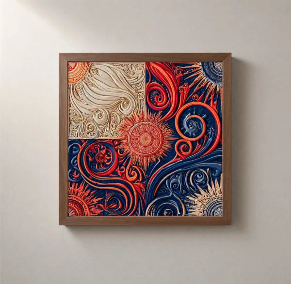 Sunbursts and Scrolls by Bassem, framed print on a wall