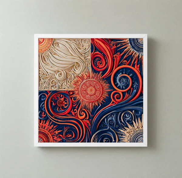 Sunbursts and Scrolls by Bassem, framed print on a wall