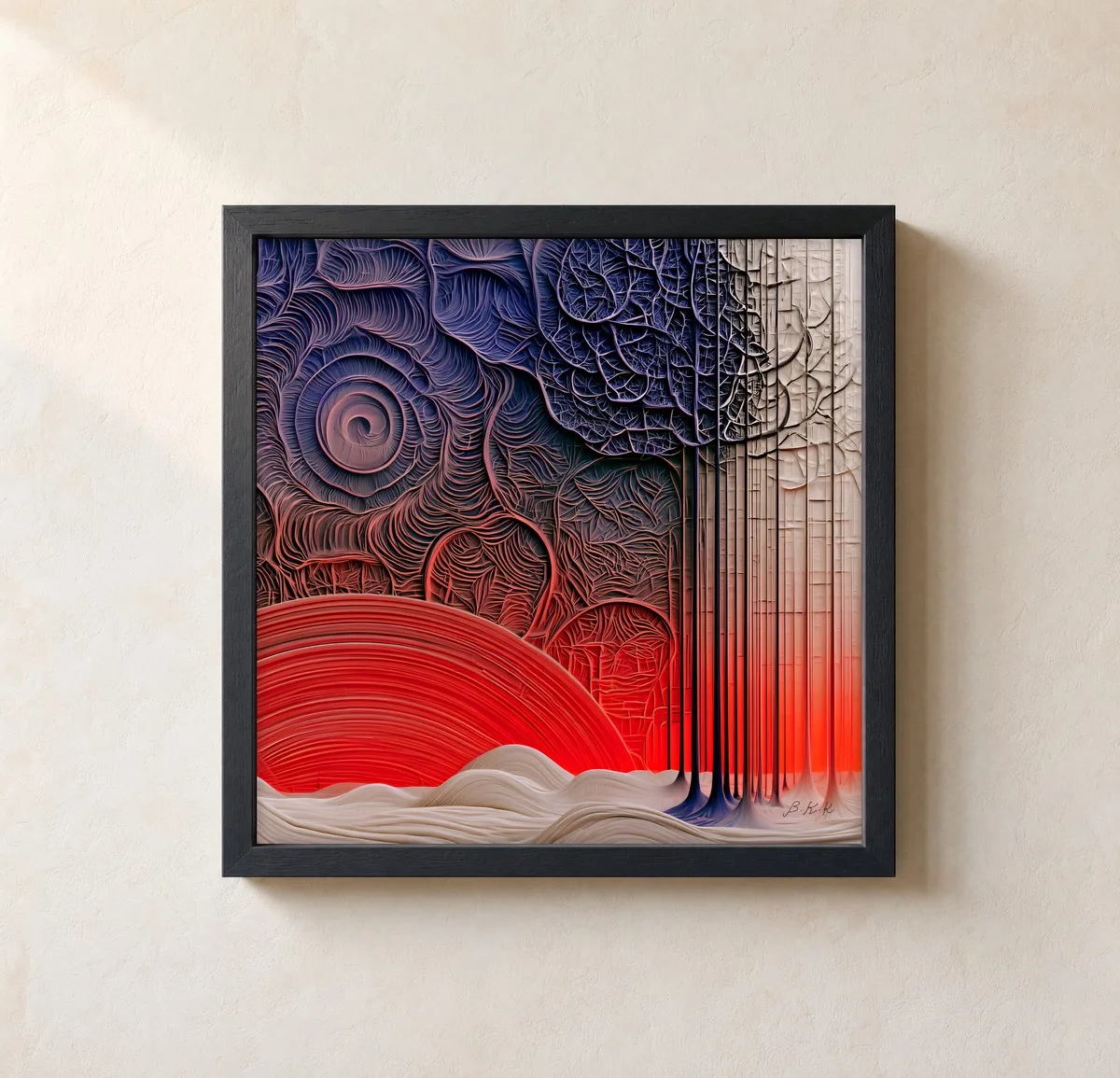 Red Sun Forest by Bassem, framed print on a wall