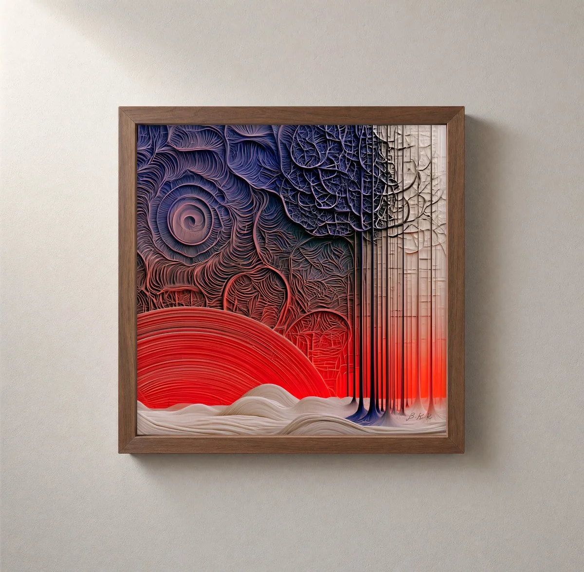 Red Sun Forest by Bassem, framed print on a wall