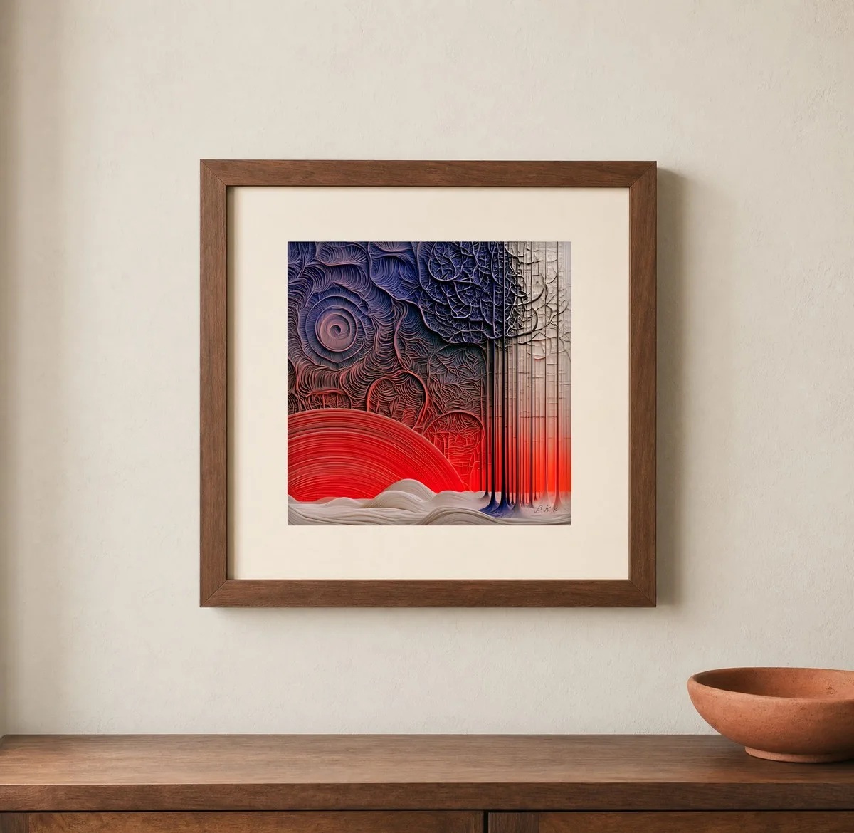 Red Sun Forest by Bassem, art print shown framed on a wall