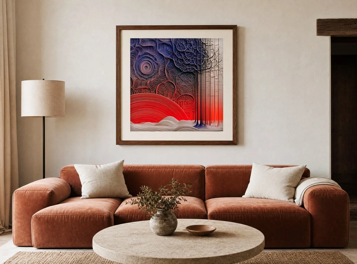 Red Sun Forest by Bassem, art print shown framed on a wall