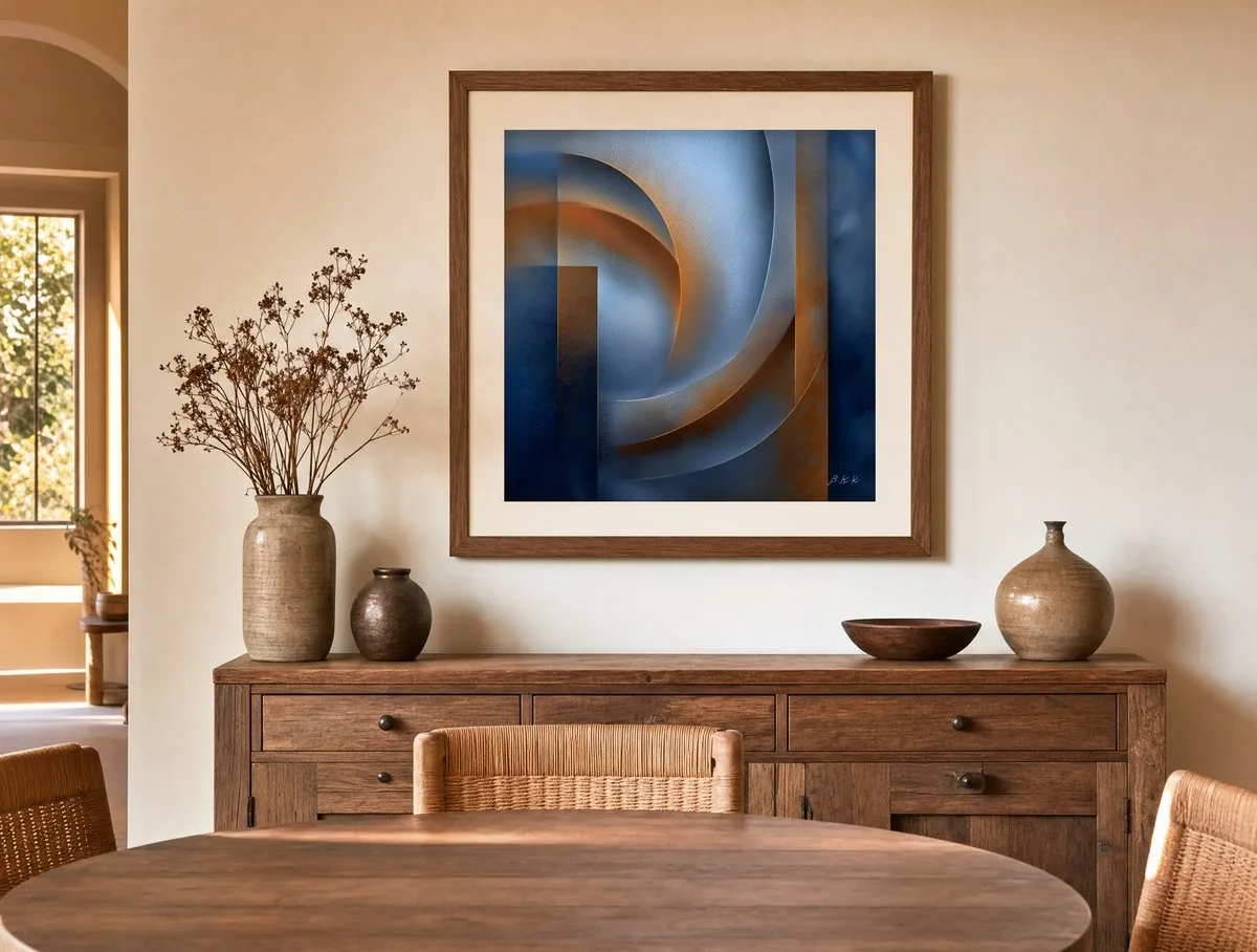 Crescent in Rust Light by Bassem, art print shown framed on a wall