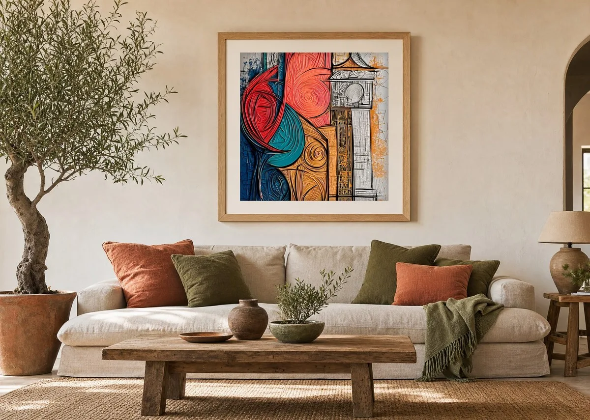 Swirls Beside the Column by Bassem, art print shown framed on a wall