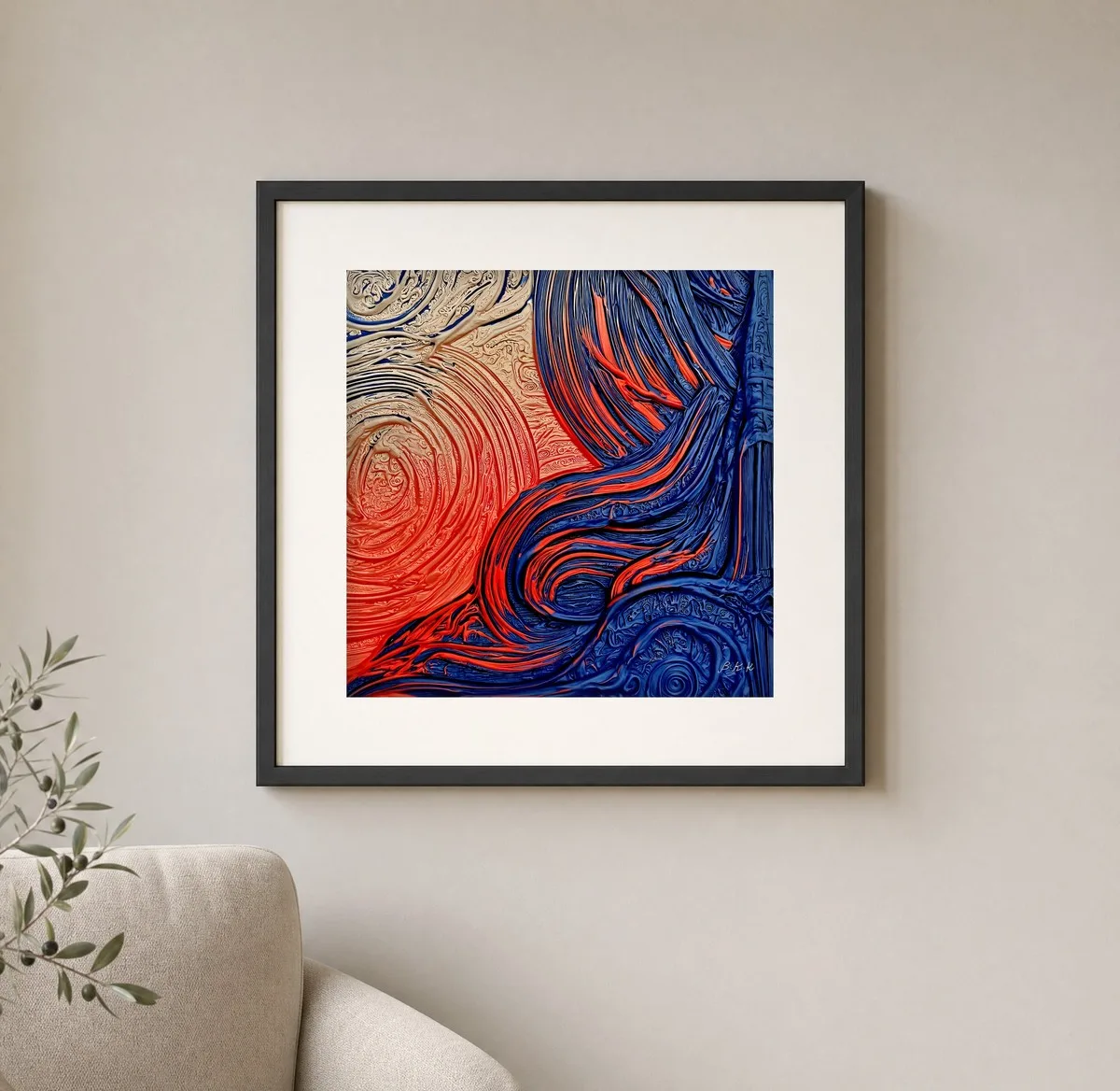 Cobalt Current by Bassem, art print shown framed on a wall
