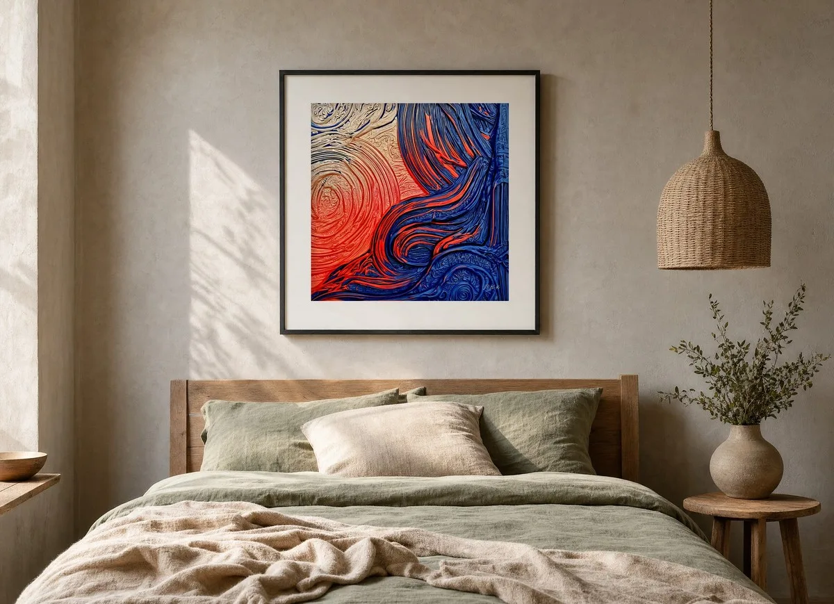 Cobalt Current by Bassem, art print shown framed on a wall