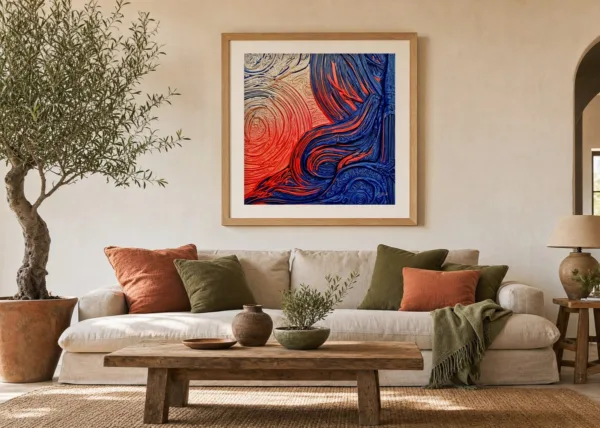 Cobalt Current by Bassem, art print shown framed on a wall