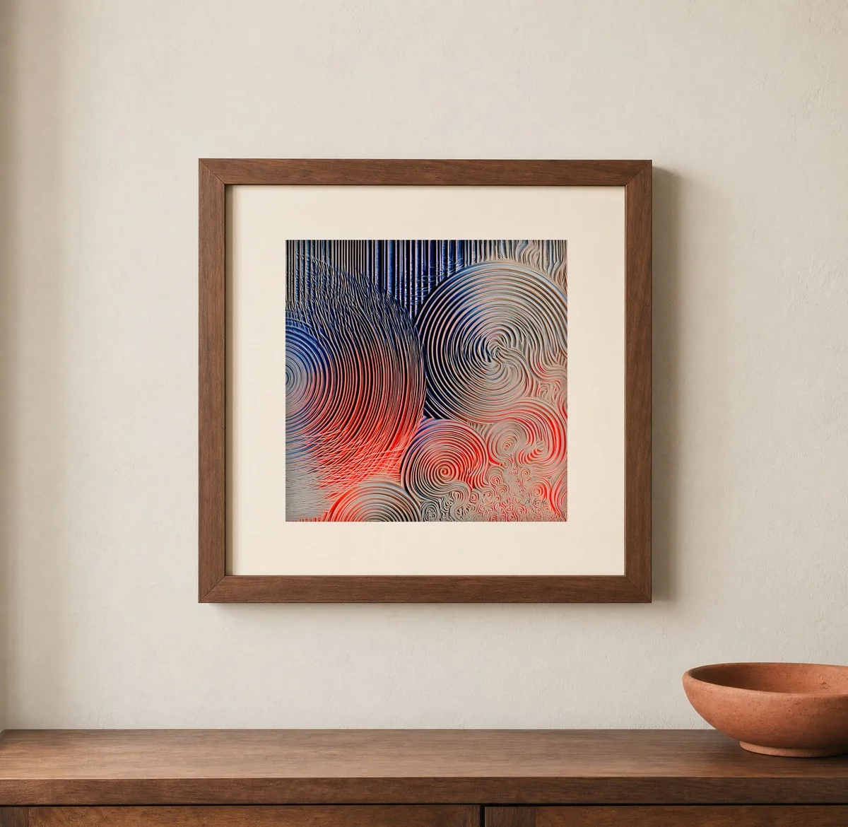 Orbiting Ripples by Bassem, art print shown framed on a wall