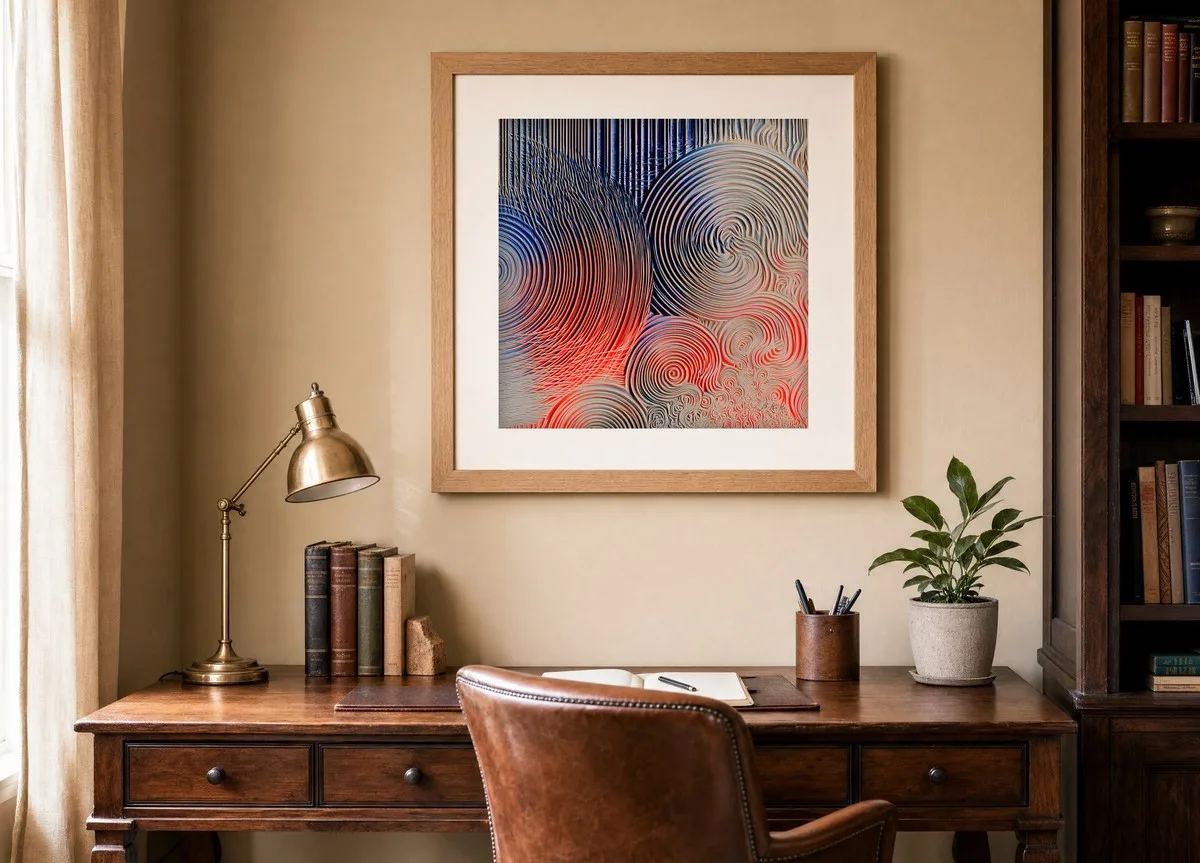 Orbiting Ripples by Bassem, art print shown framed on a wall