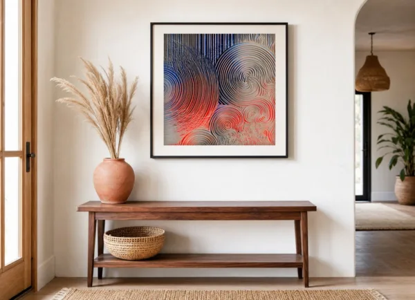 Orbiting Ripples by Bassem, art print shown framed on a wall
