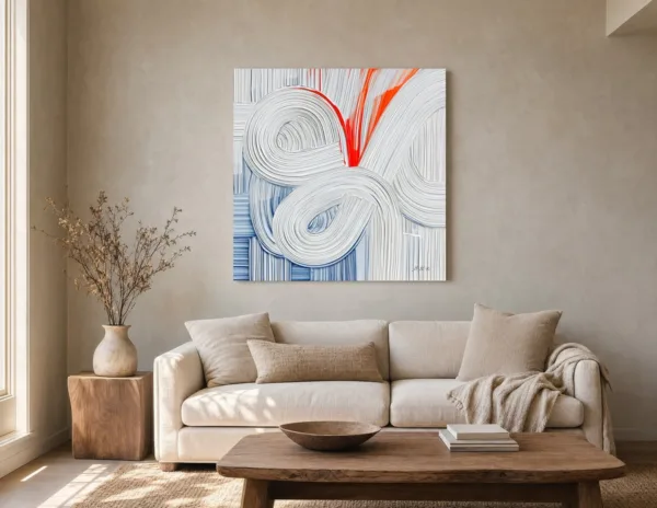 Red Thread Through White by Bassem, canvas on a wall