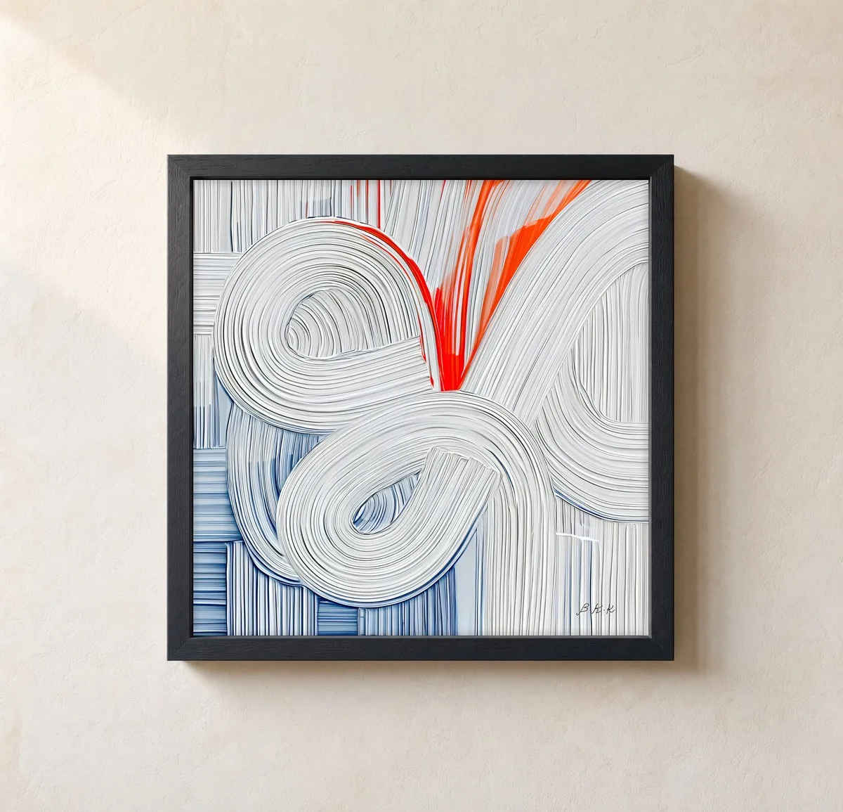 Red Thread Through White by Bassem, framed print on a wall
