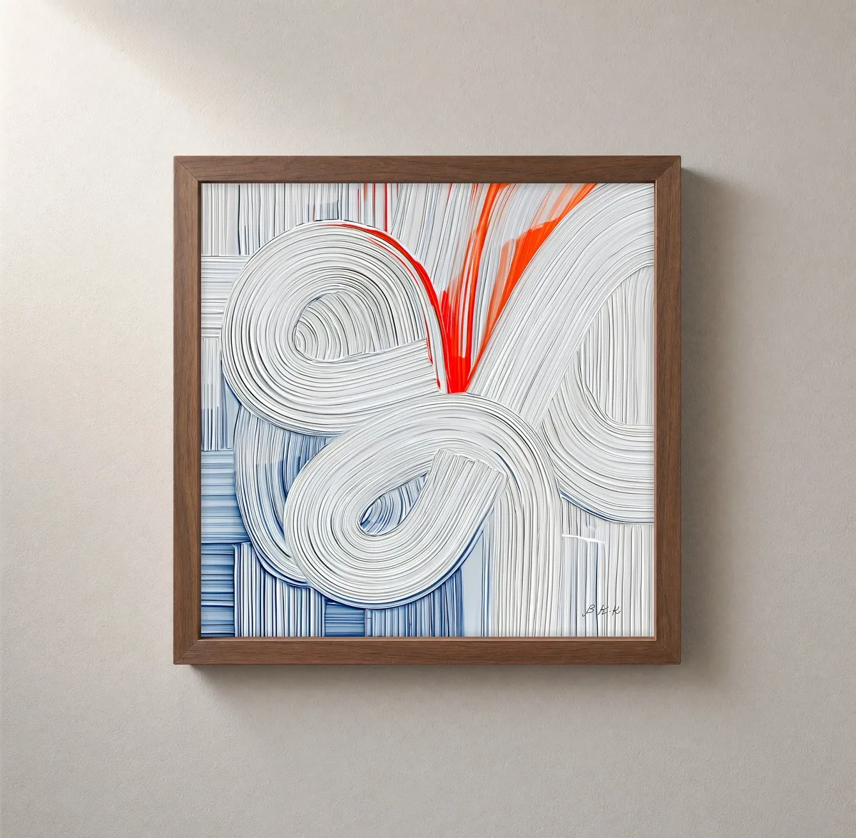 Red Thread Through White by Bassem, framed print on a wall
