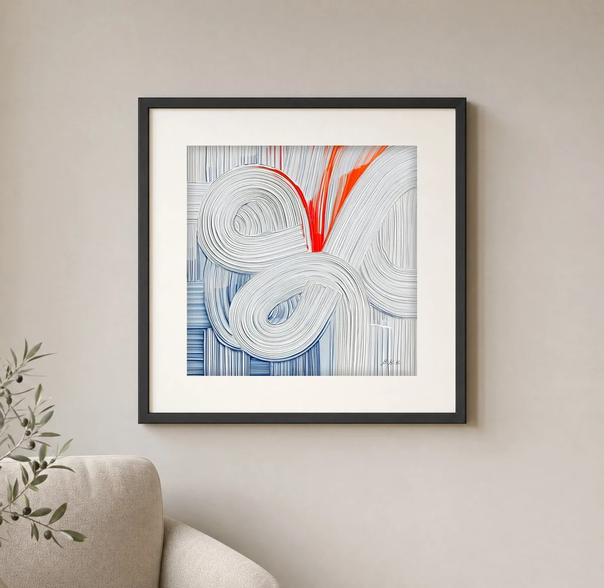 Red Thread Through White by Bassem, art print shown framed on a wall