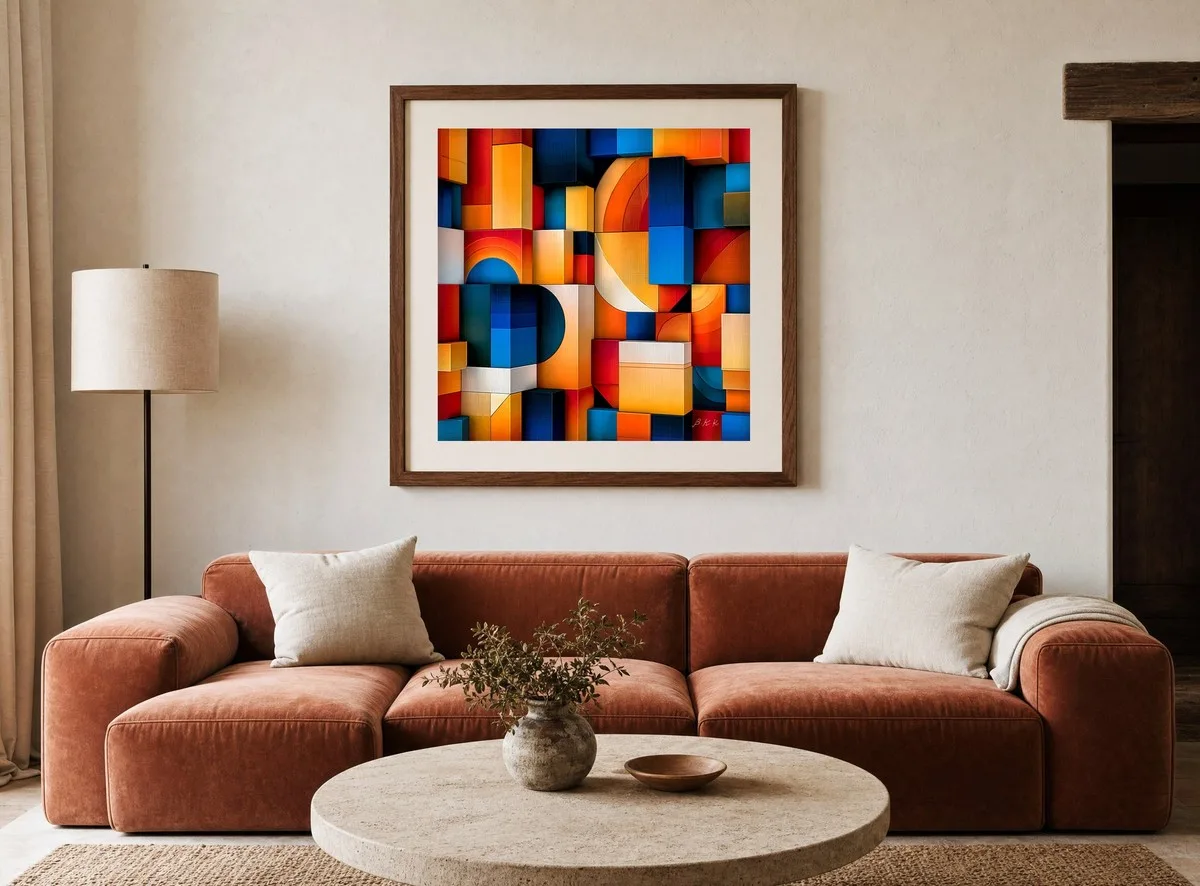 Building Block Morning by Bassem, art print shown framed on a wall