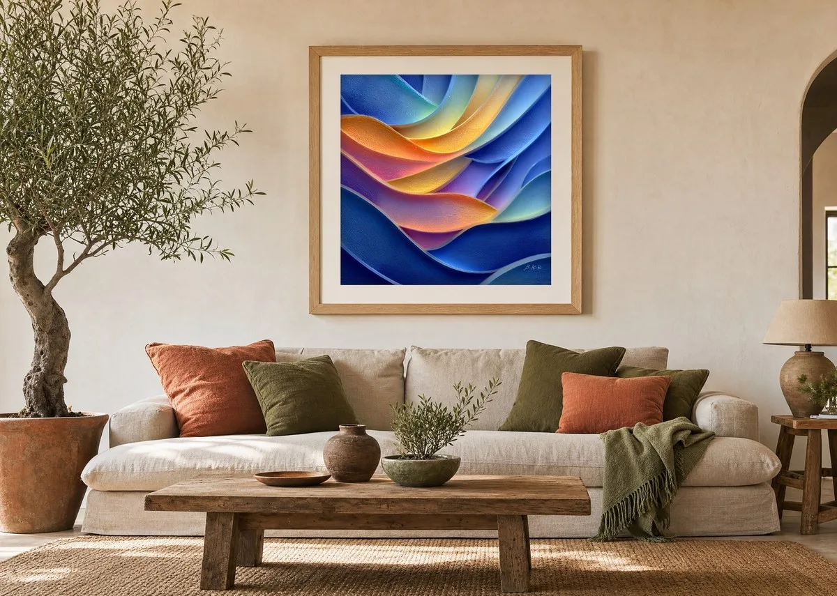 Sunset Ribbons by Bassem, art print shown framed on a wall