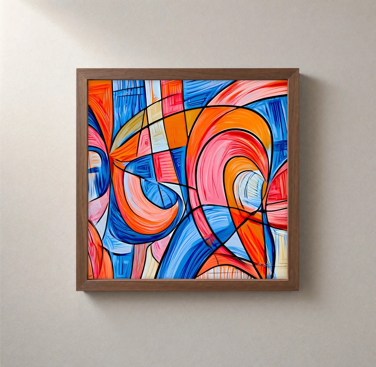 Stained Glass Swirl by Bassem, framed print on a wall