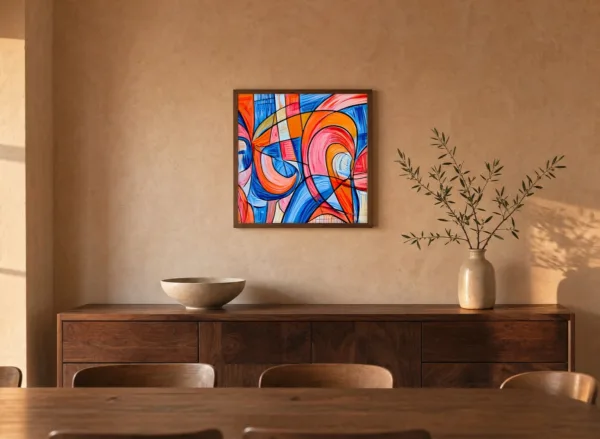 Stained Glass Swirl by Bassem, framed print on a wall