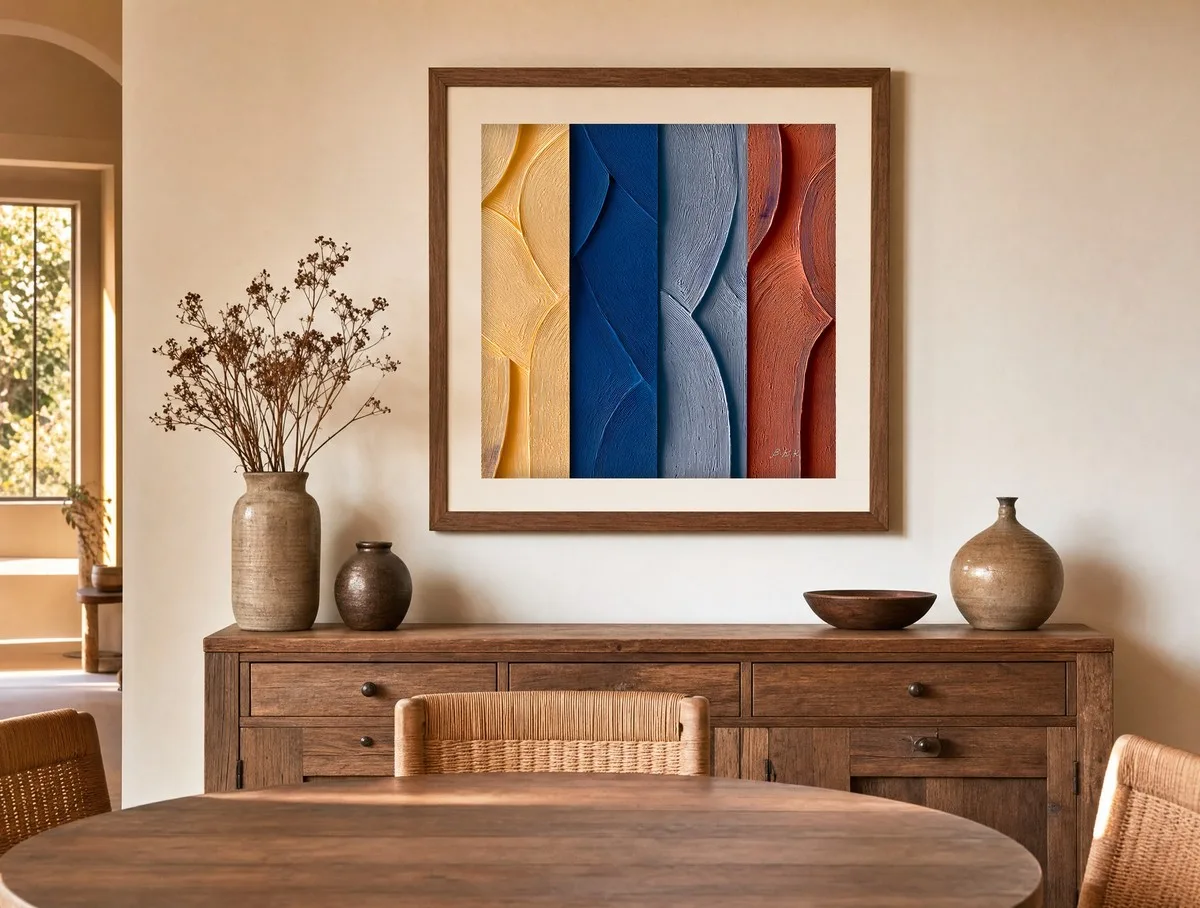Plaster Stripes by Bassem, art print shown framed on a wall