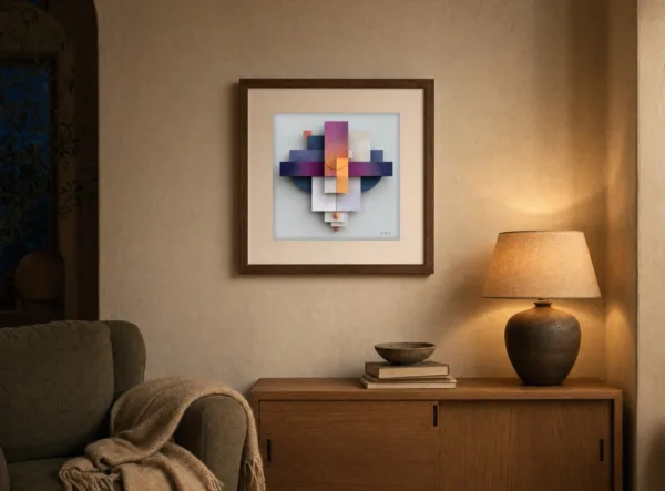ba-0216-the-plum-stack-print-3-room-evening-walnut-v4 The Plum Stack by Bassem, art print shown framed on a wall