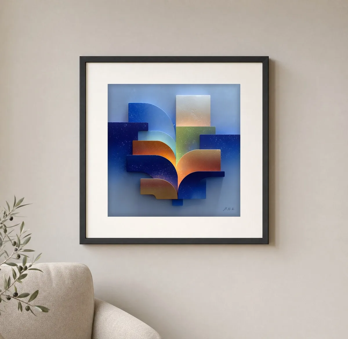 ba-0217-fan-of-morning-light-print-1-closeup-black-v4 Fan of Morning Light by Bassem, art print shown framed on a wall