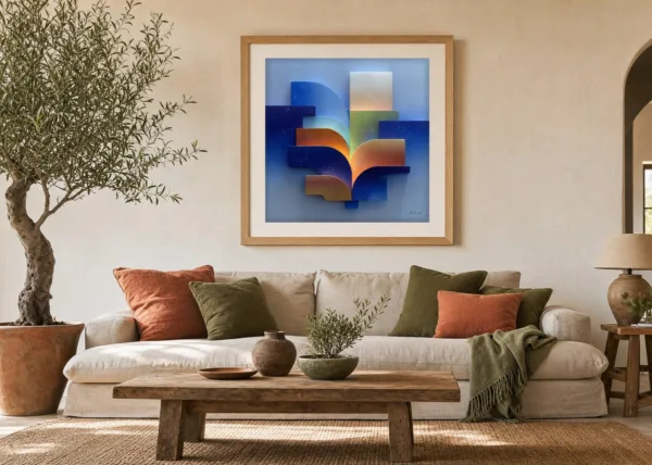 ba-0217-fan-of-morning-light-print-3-room-living-oak-v4 Fan of Morning Light by Bassem, art print shown framed on a wall