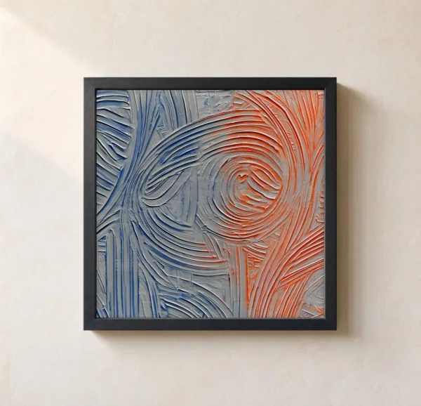 Blue Turns to Orange by Bassem, framed print on a wall