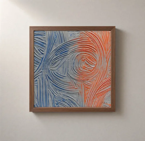 Blue Turns to Orange by Bassem, framed print on a wall