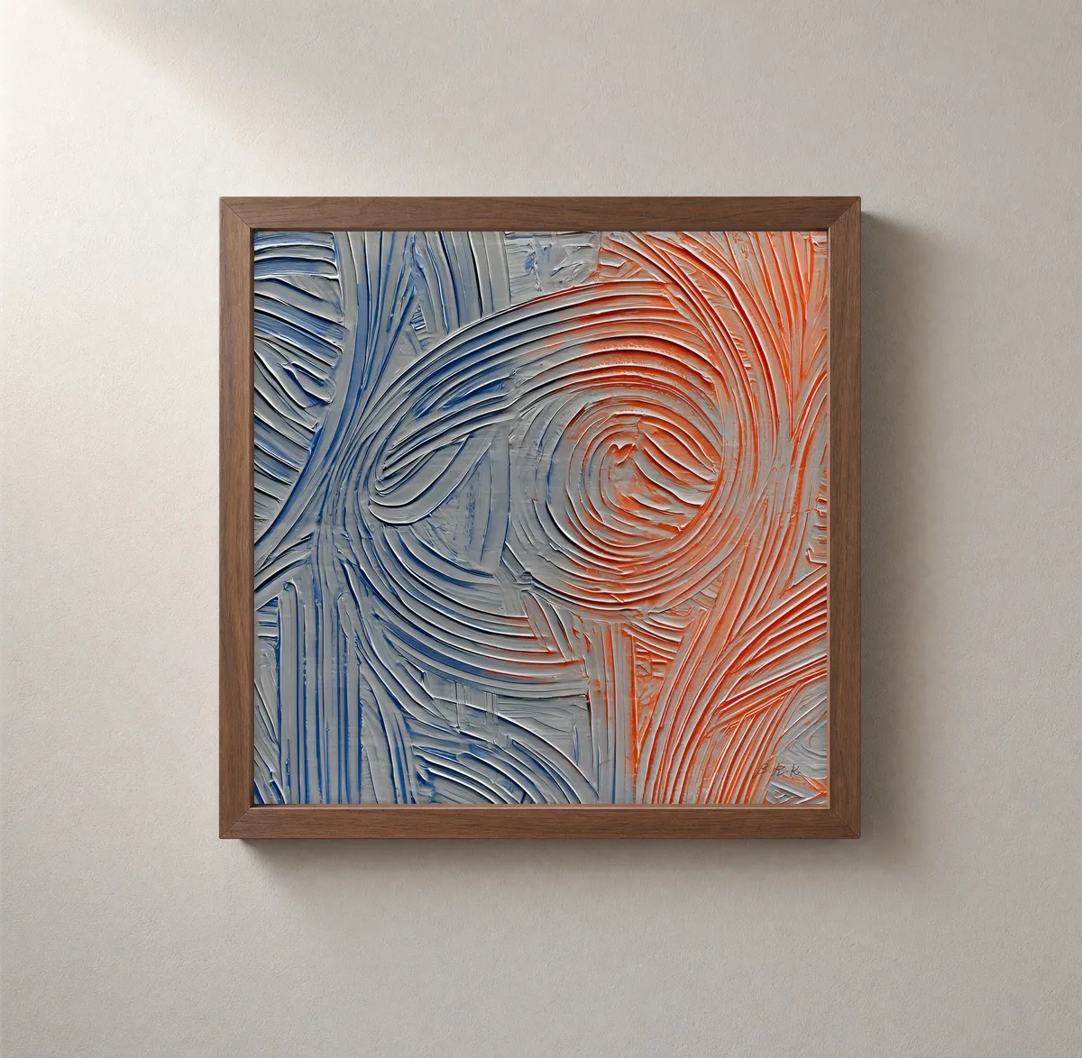 Blue Turns to Orange by Bassem, framed print on a wall