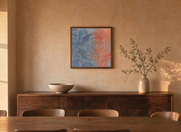 Blue Turns to Orange by Bassem, framed print on a wall