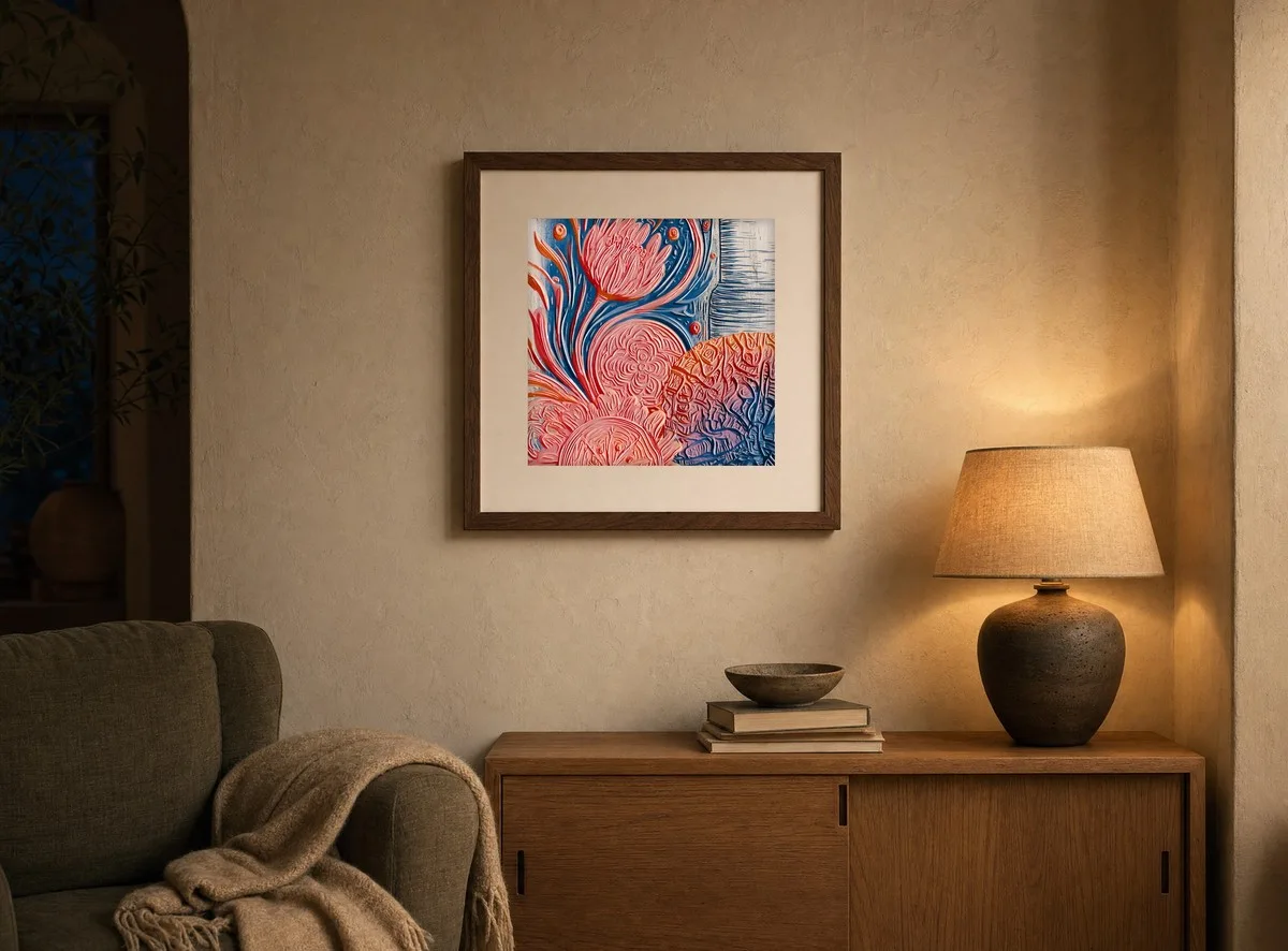 Blossom Medallion by Bassem, art print shown framed on a wall