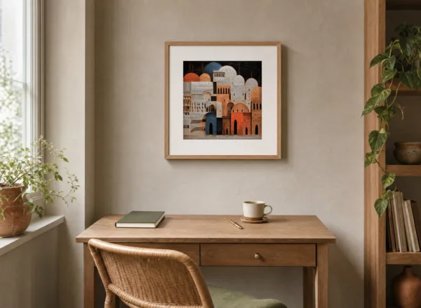 Domes at Nightfall by Bassem, art print shown framed on a wall