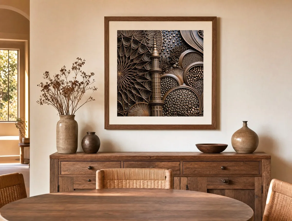 The Bronze Tower by Bassem, art print shown framed on a wall