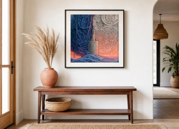 Lone Stone Tower by Bassem, art print shown framed on a wall