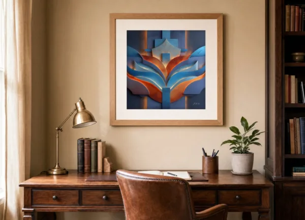 Winged Crest by Bassem, art print shown framed on a wall