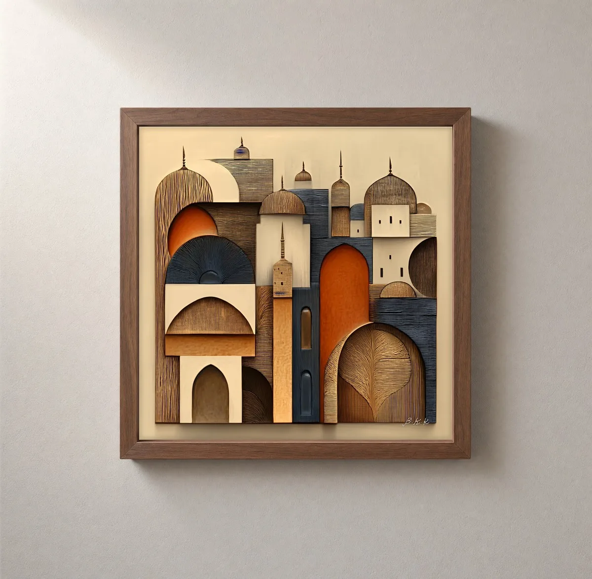 Woodgrain Town by Bassem, framed print on a wall