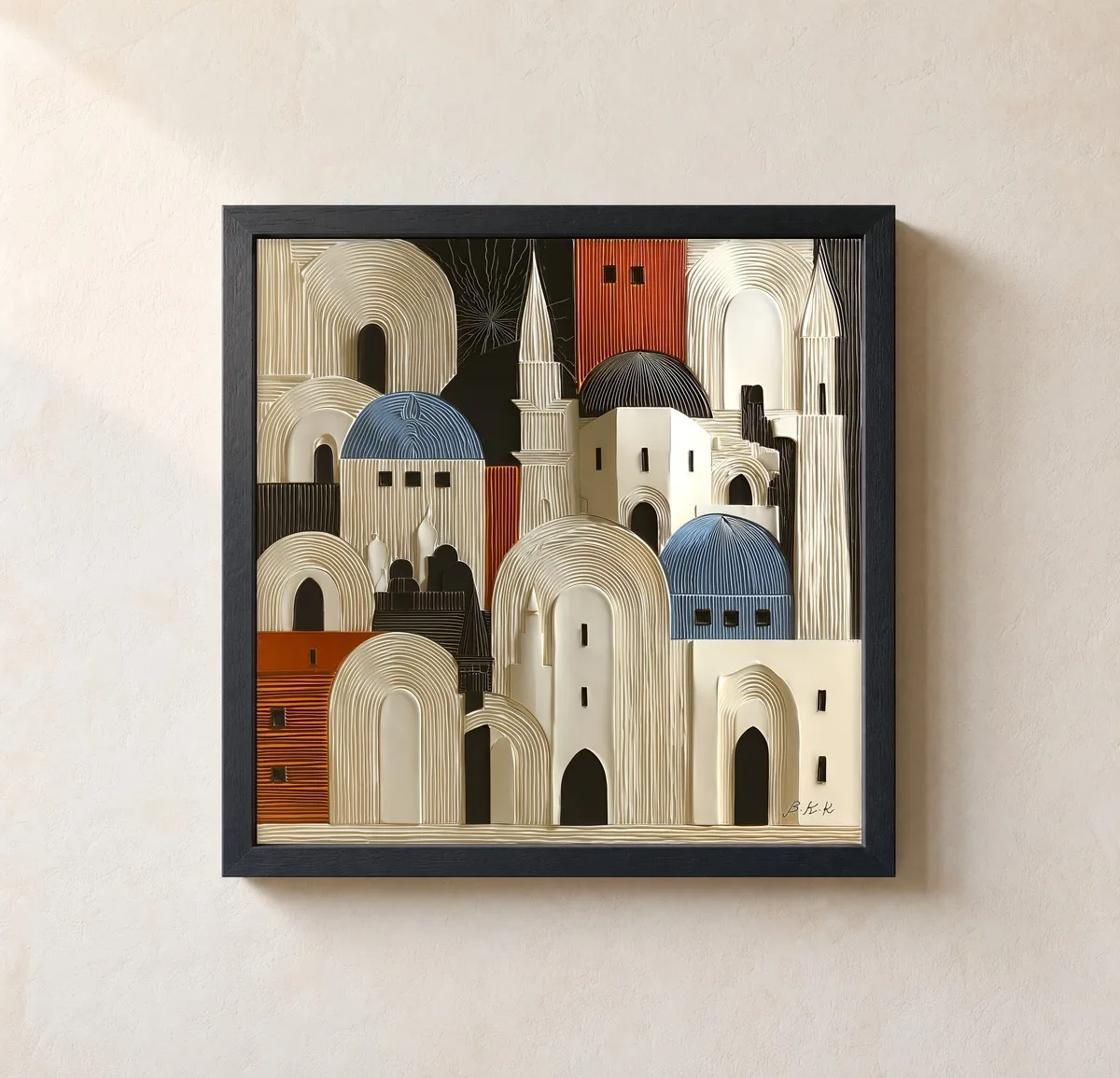Ivory Rooftops by Bassem, framed print on a wall