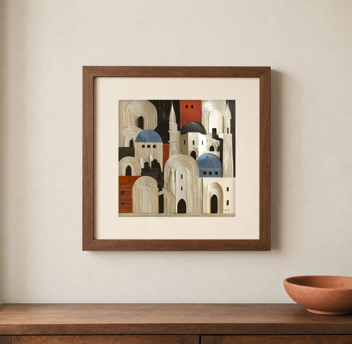 Ivory Rooftops by Bassem, art print shown framed on a wall