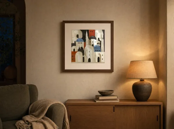 Ivory Rooftops by Bassem, art print shown framed on a wall