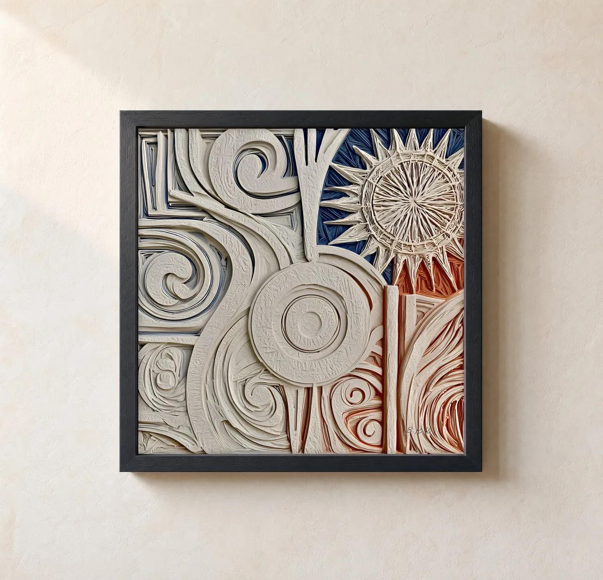 Carved Sun and Spirals by Bassem, framed print on a wall