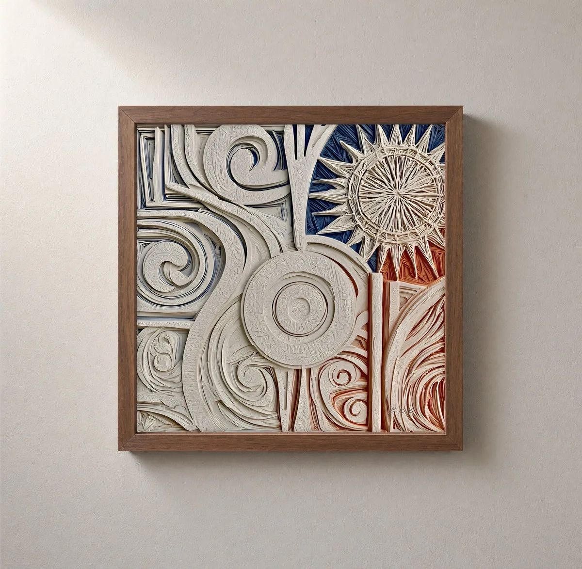 Carved Sun and Spirals by Bassem, framed print on a wall