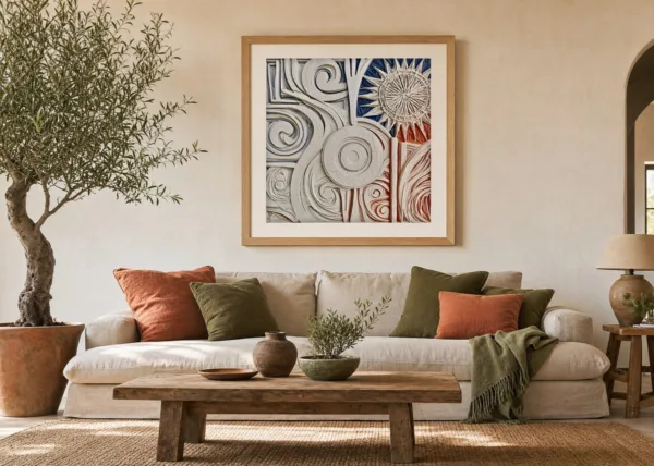 Carved Sun and Spirals by Bassem, art print shown framed on a wall