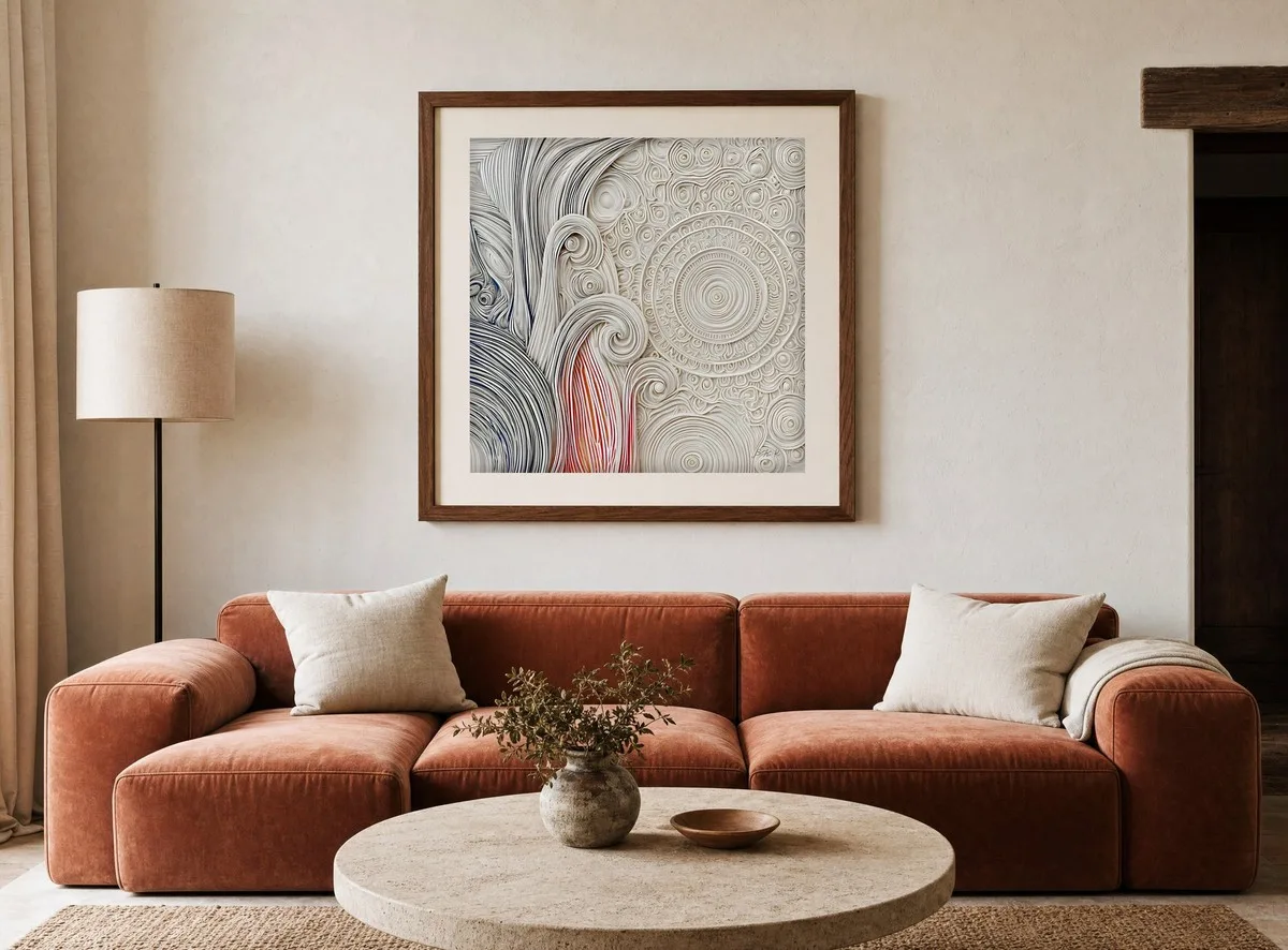Whorls in Ivory by Bassem, art print shown framed on a wall
