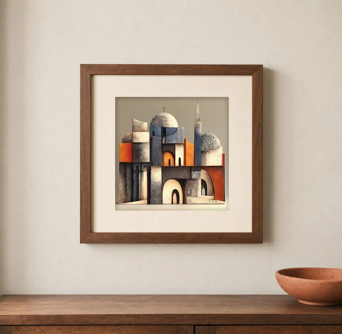 Charcoal Citadel by Bassem, art print shown framed on a wall