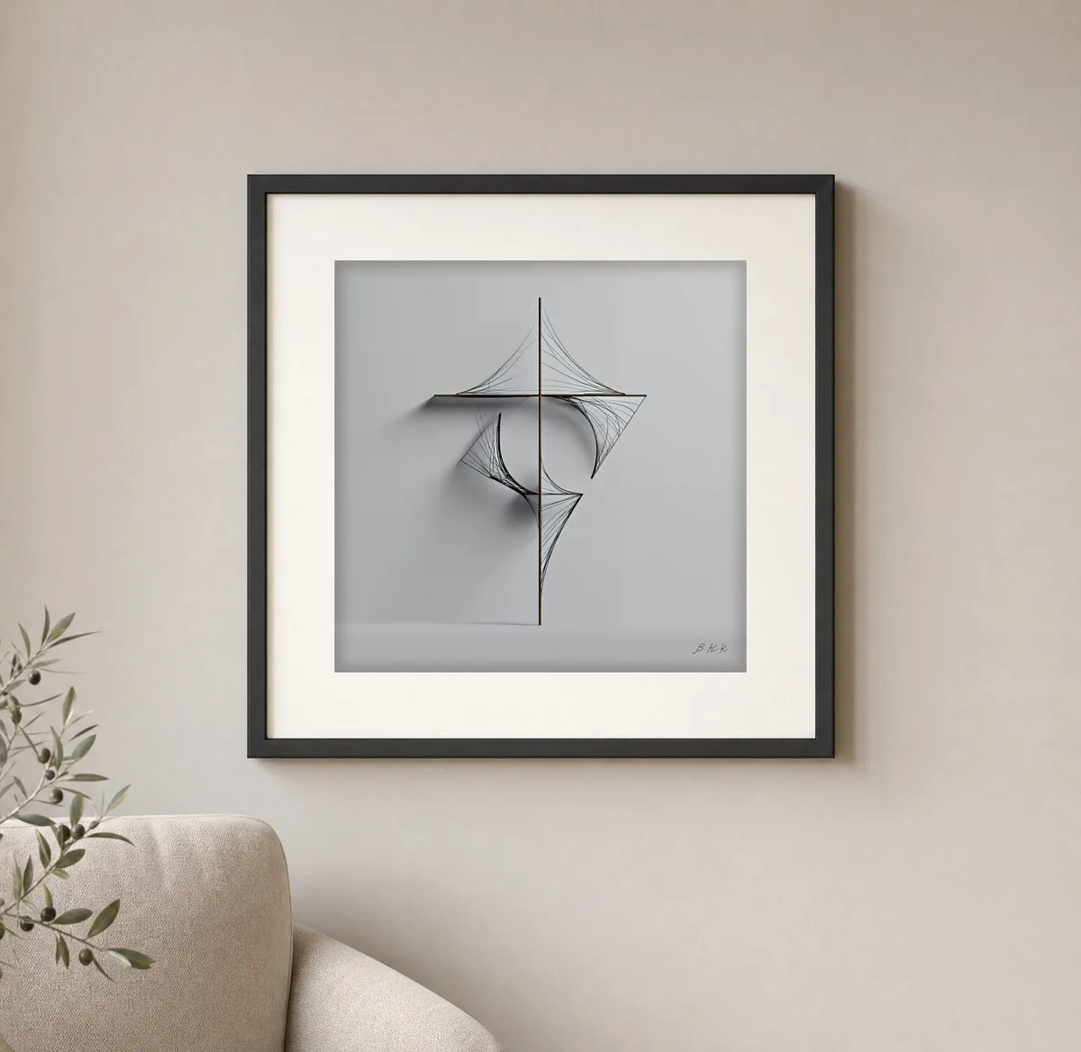 Thread and Shadow by Bassem, art print shown framed on a wall