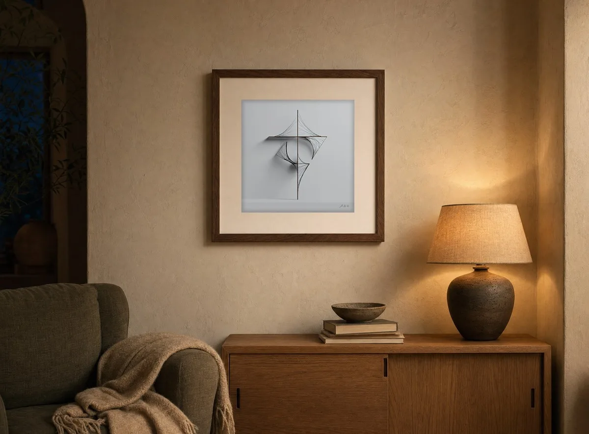 Thread and Shadow by Bassem, art print shown framed on a wall